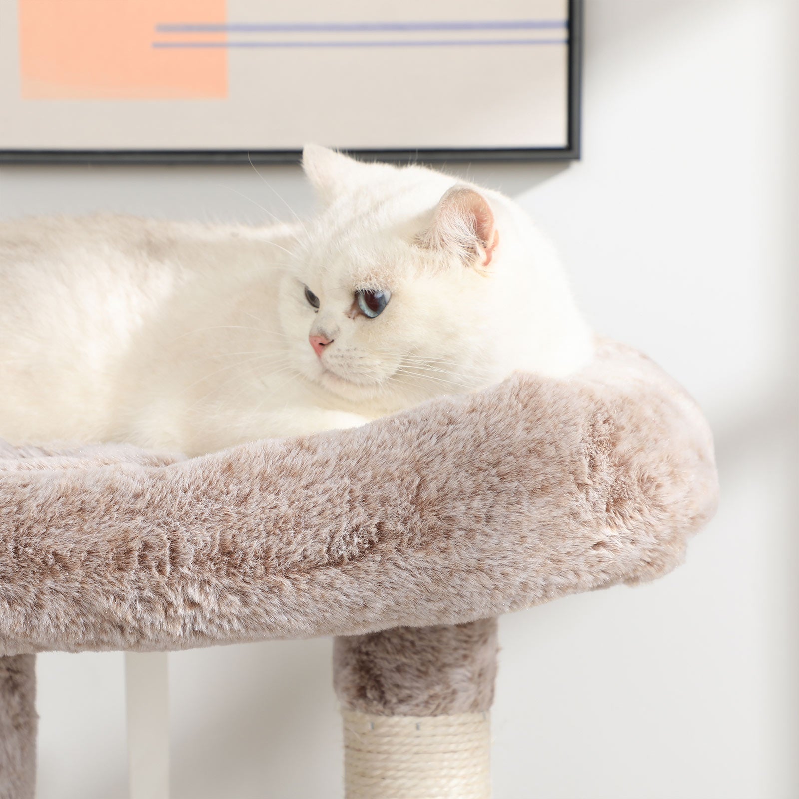 Cat Tower – Plush – Light Brown – Multi-Level with Scratching Post and Hammock