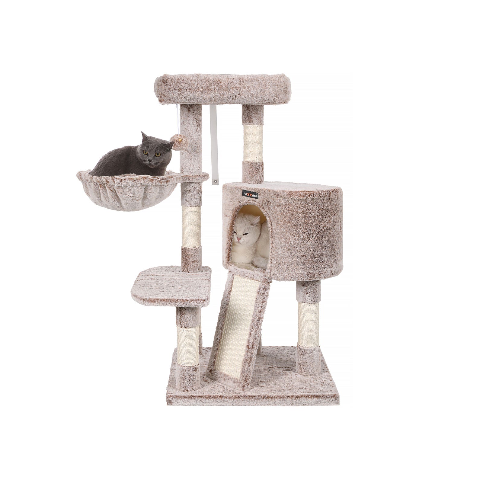 Cat Tower – Plush – Light Brown – Multi-Level with Scratching Post and Hammock