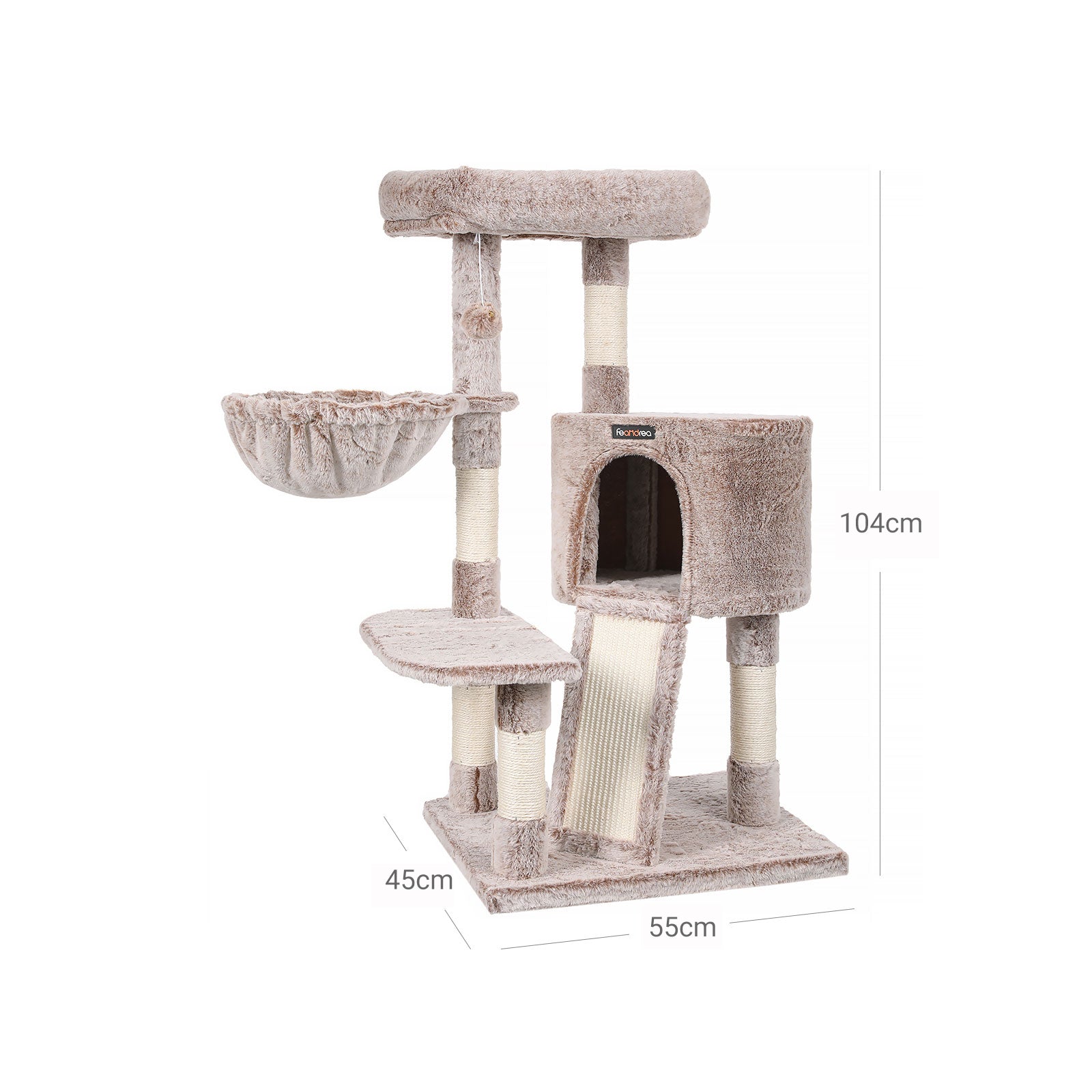 Cat Tower – Plush – Light Brown – Multi-Level with Scratching Post and Hammock