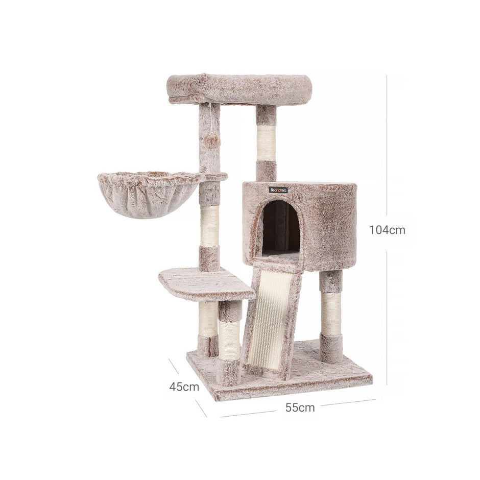 Cat Tower – Plush – Light Brown – Multi-Level with Scratching Post and Hammock