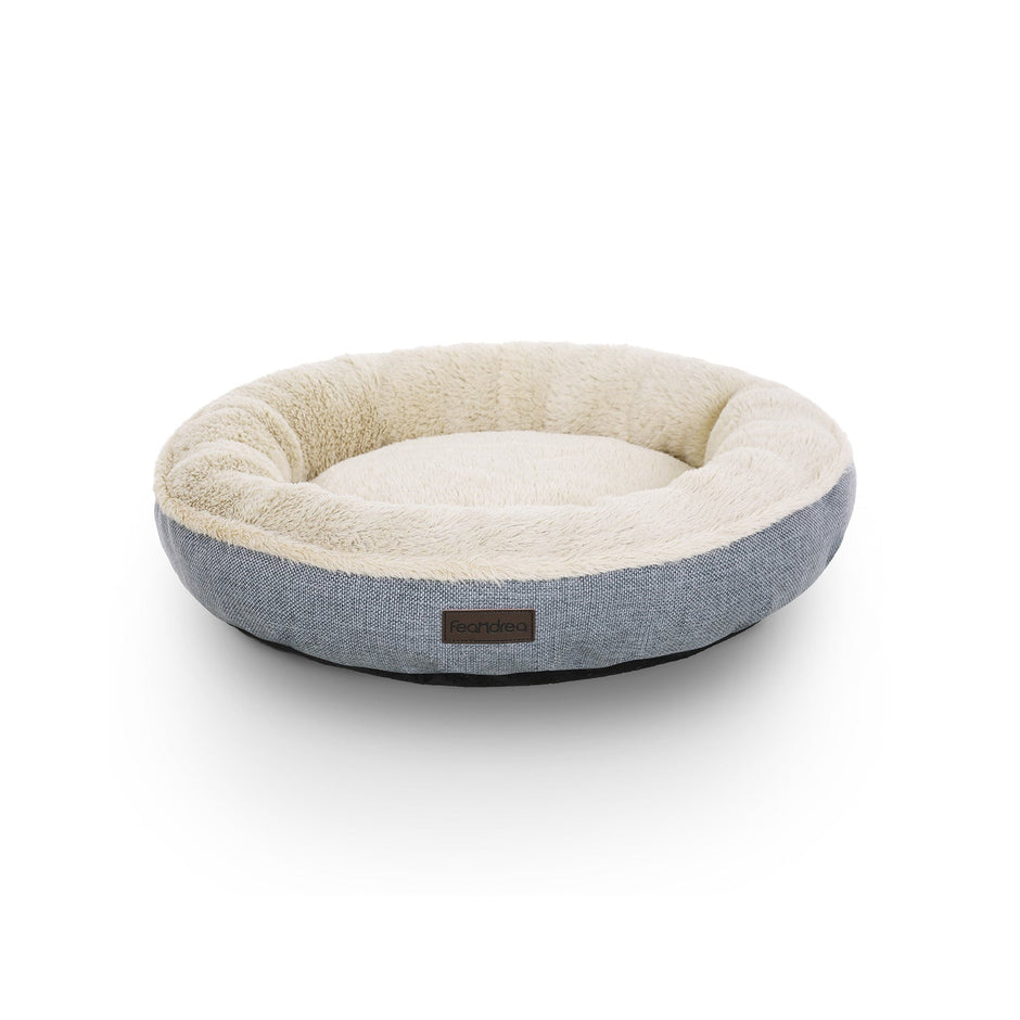 Round Dog and Cat Bed – Fabric – Grey – Washable Donut Shape, 65 cm Diameter