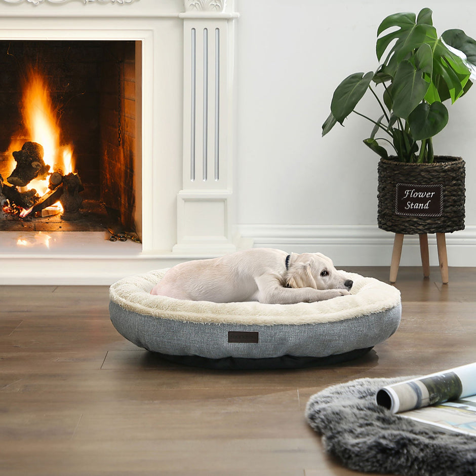 Round Dog and Cat Bed – Fabric – Grey – Washable Donut Shape, 65 cm Diameter