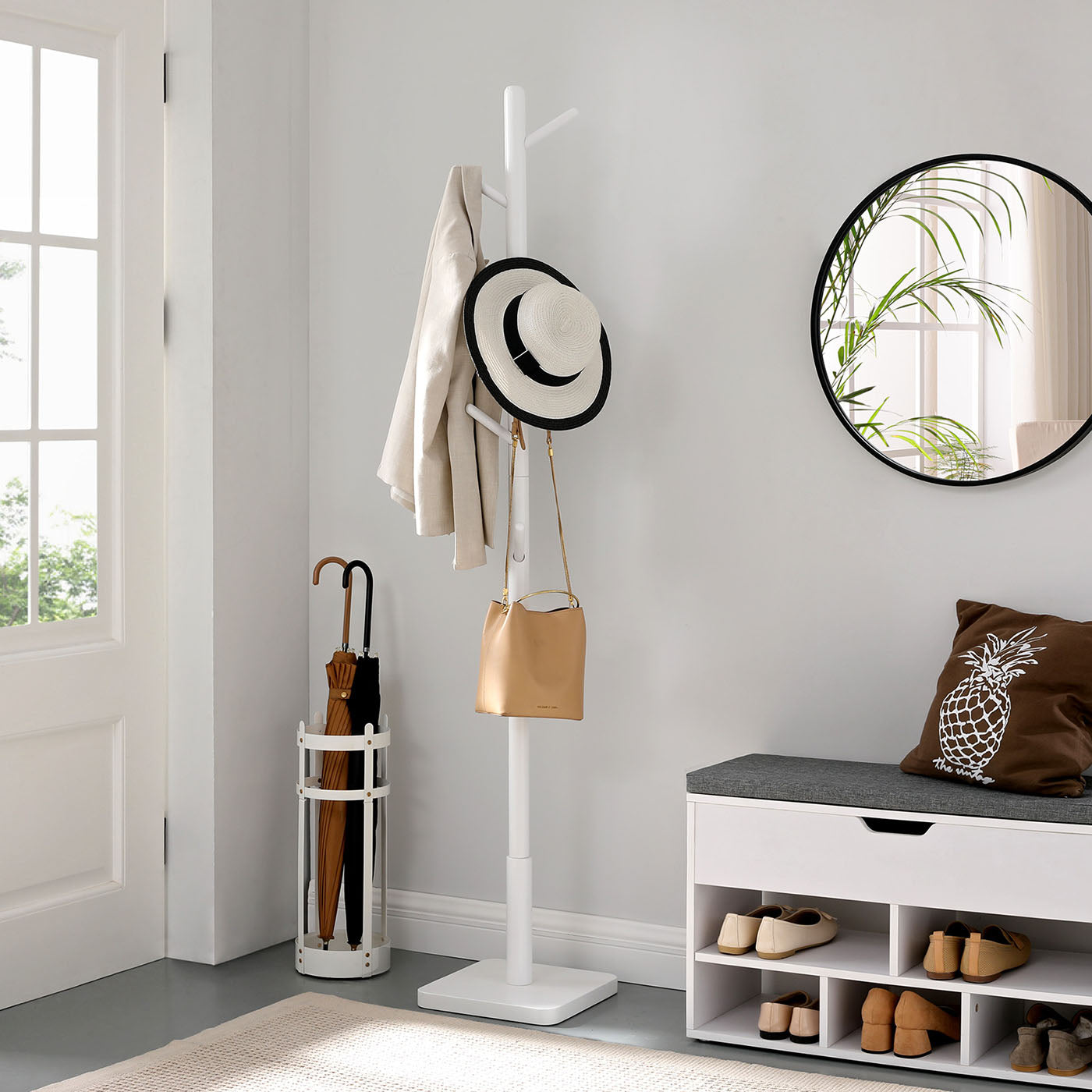 Coat Stand – Solid Wood – White – Free Standing with 8 Hooks