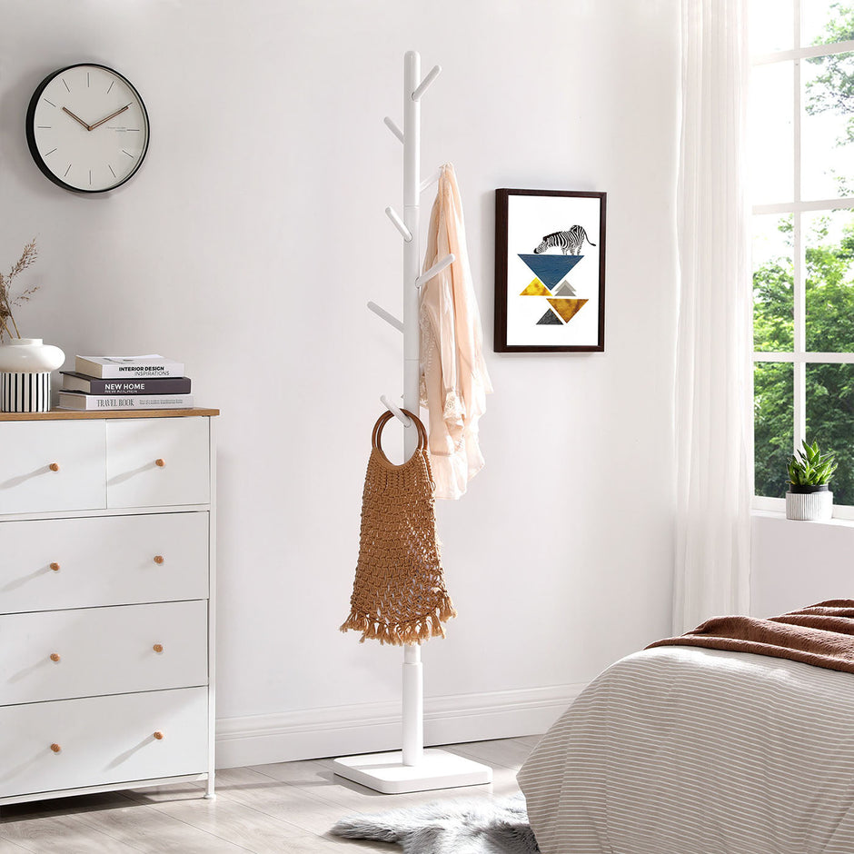 Coat Stand – Solid Wood – White – Free Standing with 8 Hooks