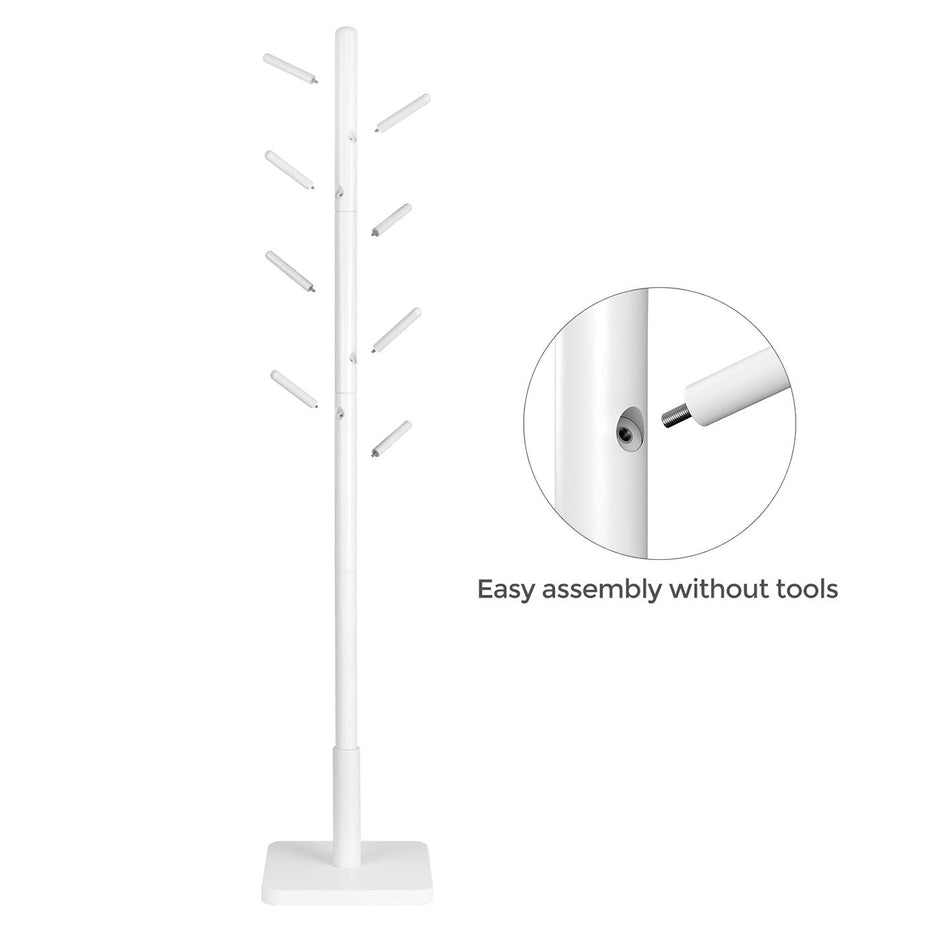 Coat Stand – Solid Wood – White – Free Standing with 8 Hooks