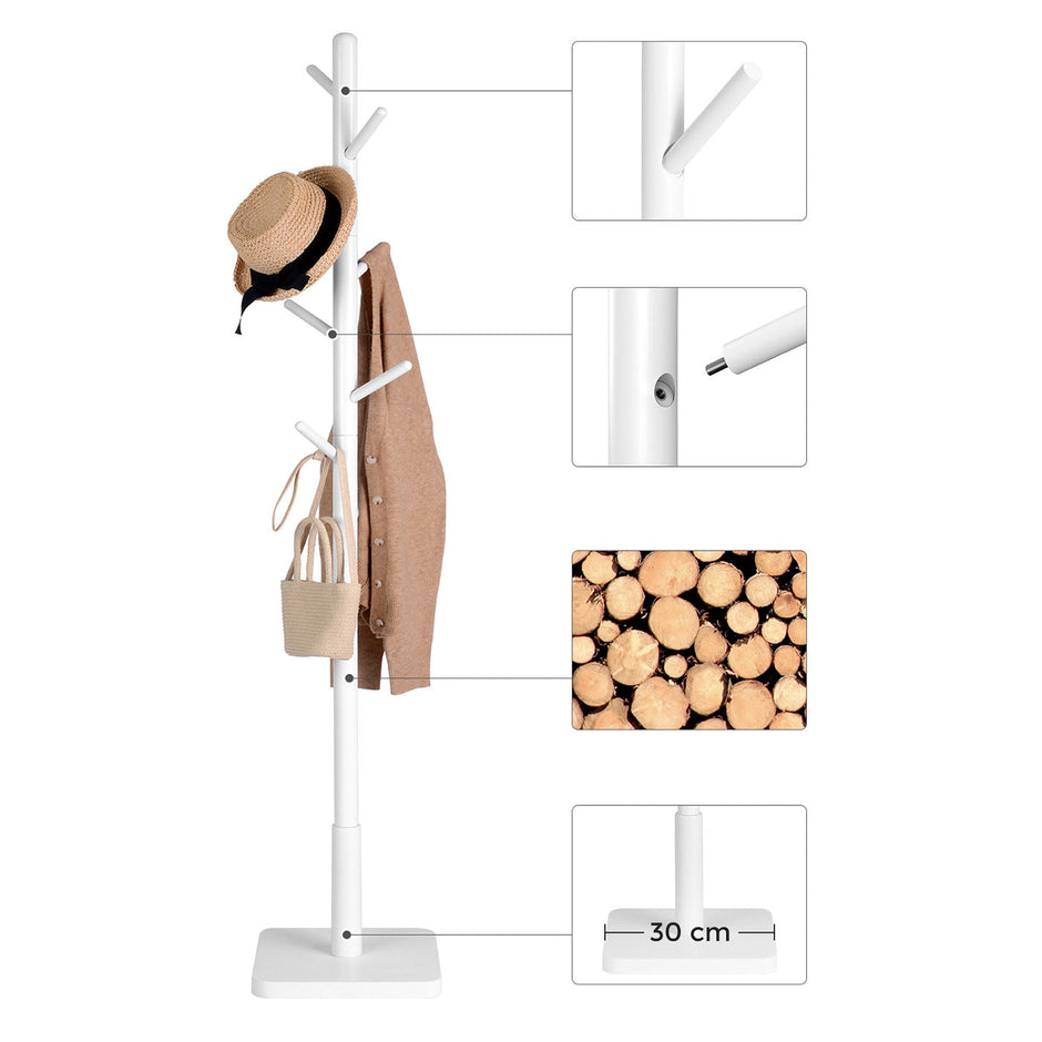 Coat Stand – Solid Wood – White – Free Standing with 8 Hooks