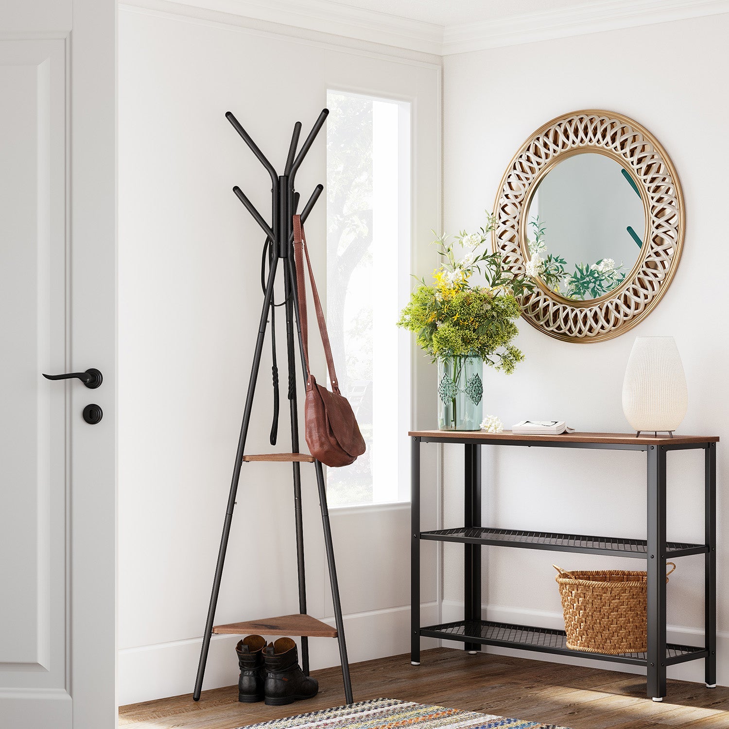 Hall Rack Stand – Wood and Metal – Hazelnut Brown and Black – Industrial Style with 2 Shelves