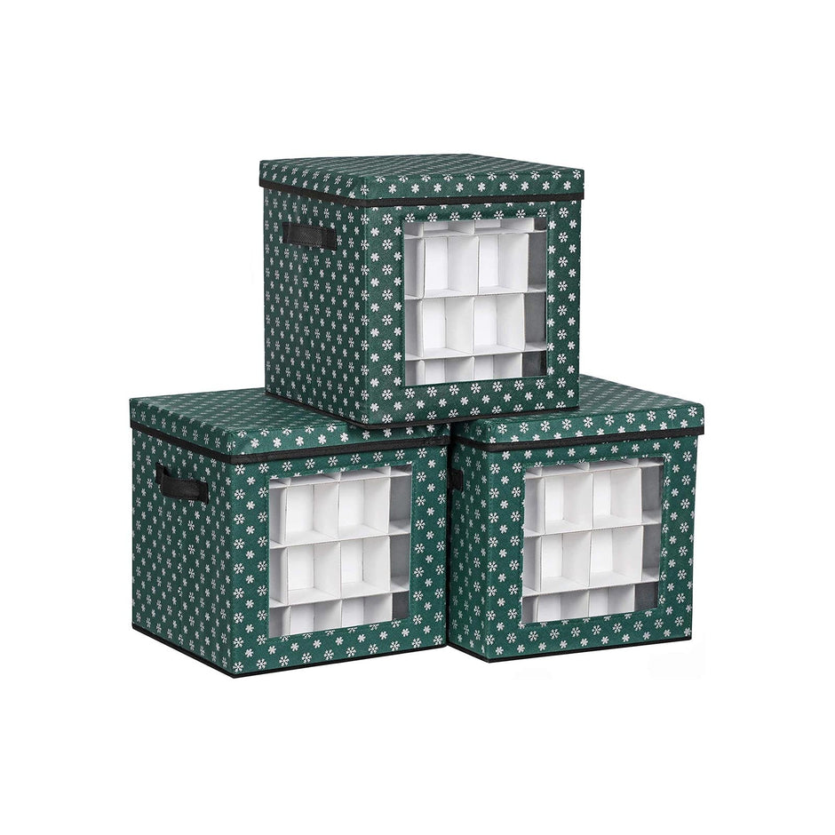 Christmas Ornament Storage Box – Fabric – Green – 64 Compartment Design with Modular Dividers