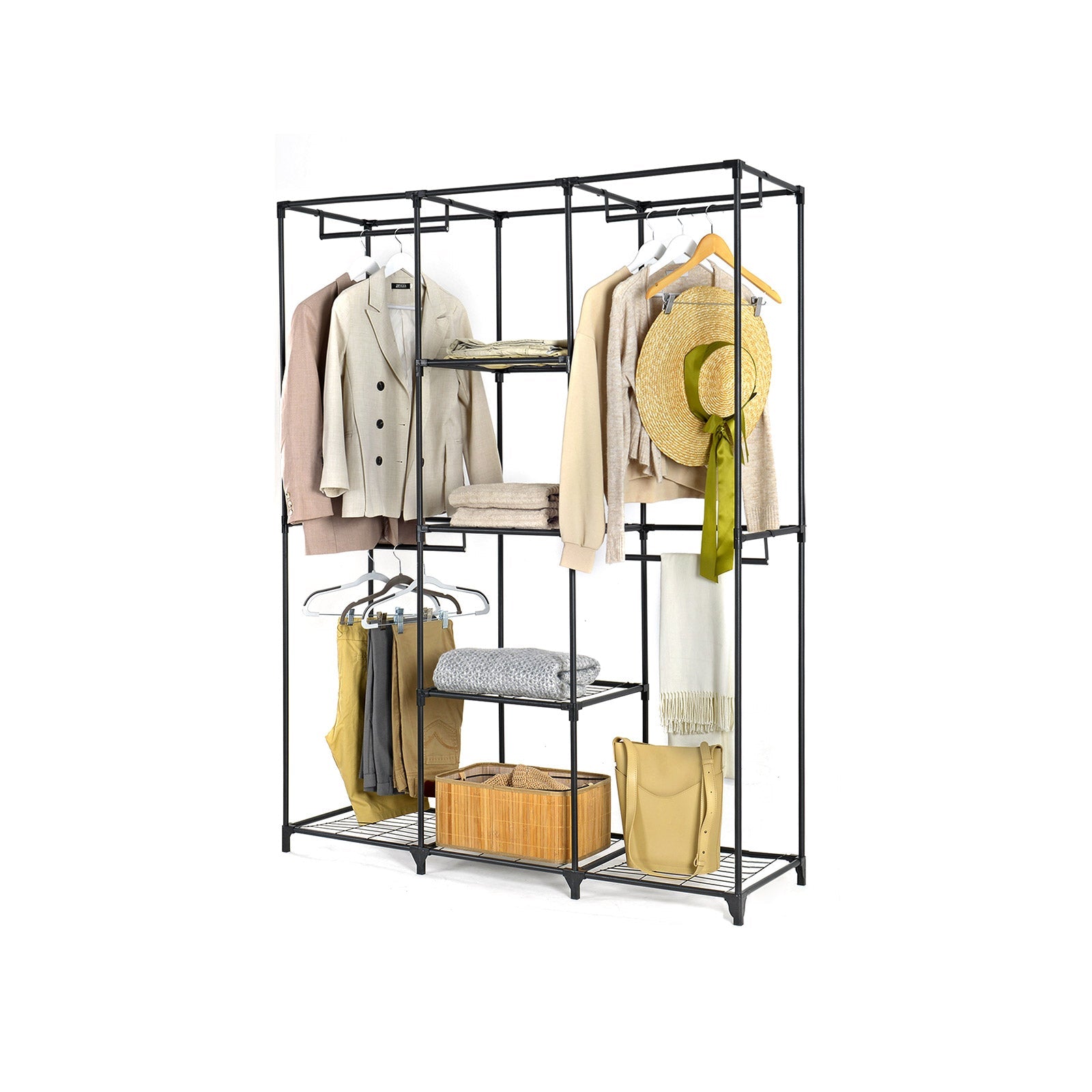 Portable Closet – Non-Woven Fabric – Black – Covered with Iron Mesh Shelves and Hanging Area
