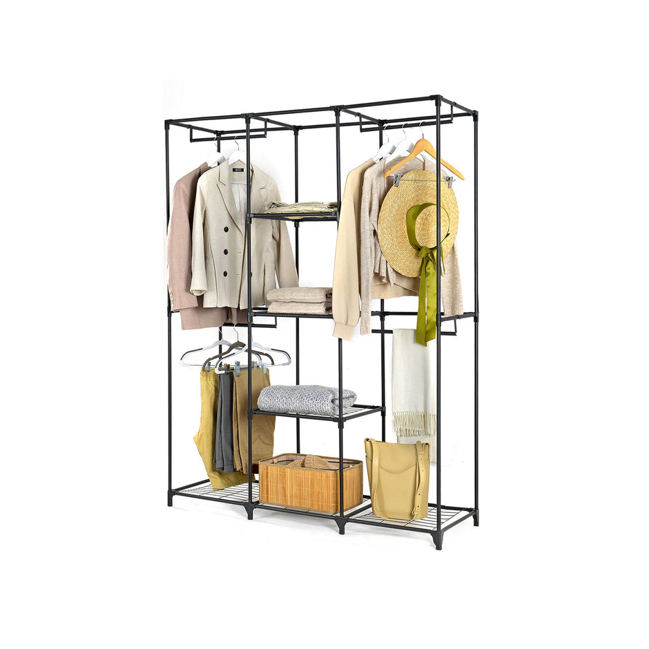 Portable Closet – Non-Woven Fabric – Black – Covered with Iron Mesh Shelves and Hanging Area