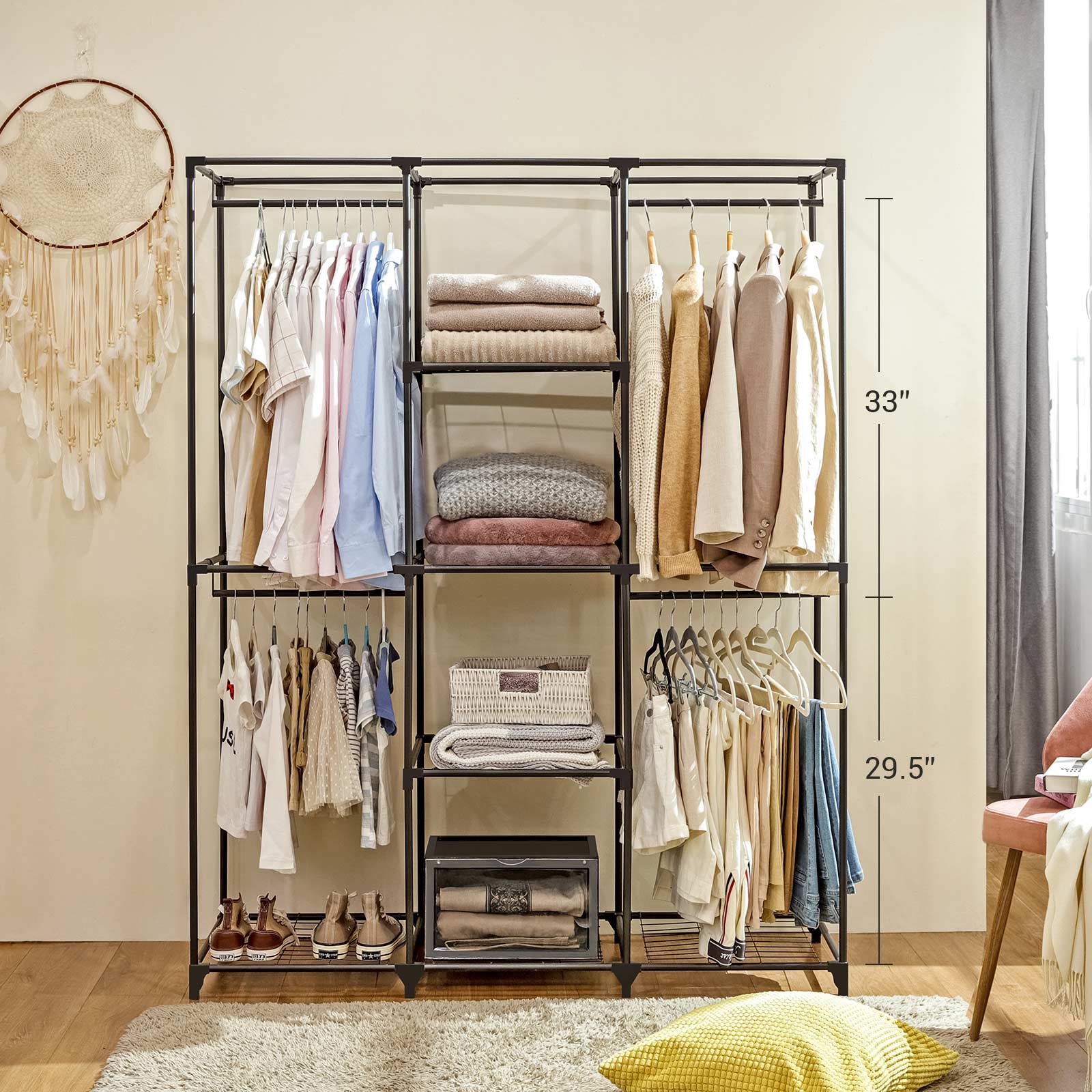Portable Closet – Non-Woven Fabric – Black – Covered with Iron Mesh Shelves and Hanging Area