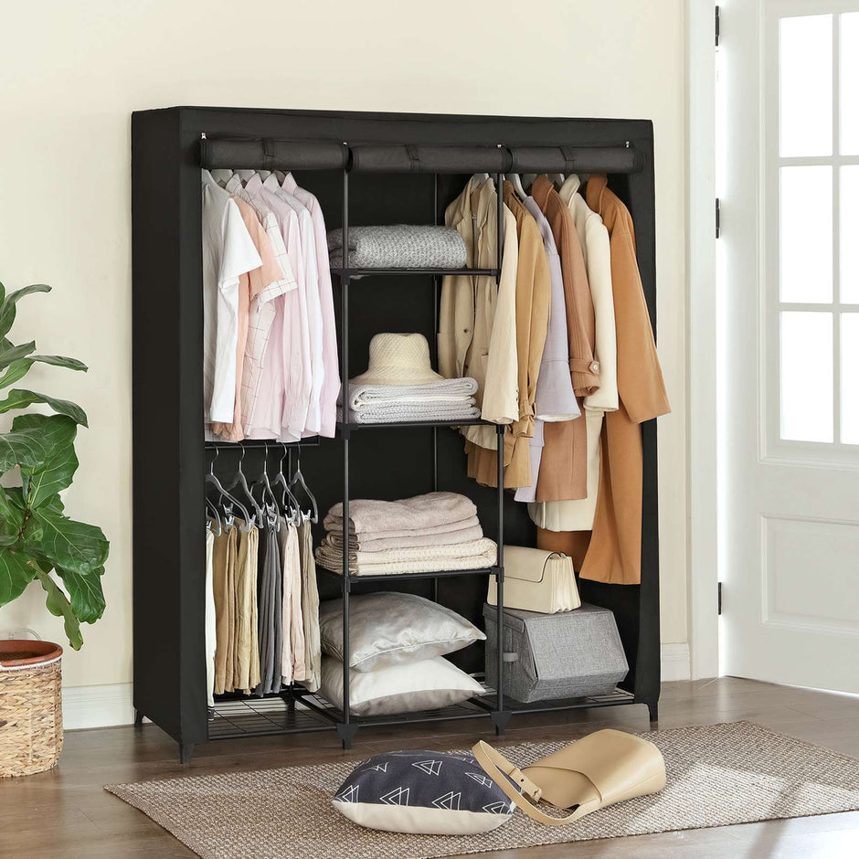 Portable Closet – Non-Woven Fabric – Black – Covered with Iron Mesh Shelves and Hanging Area
