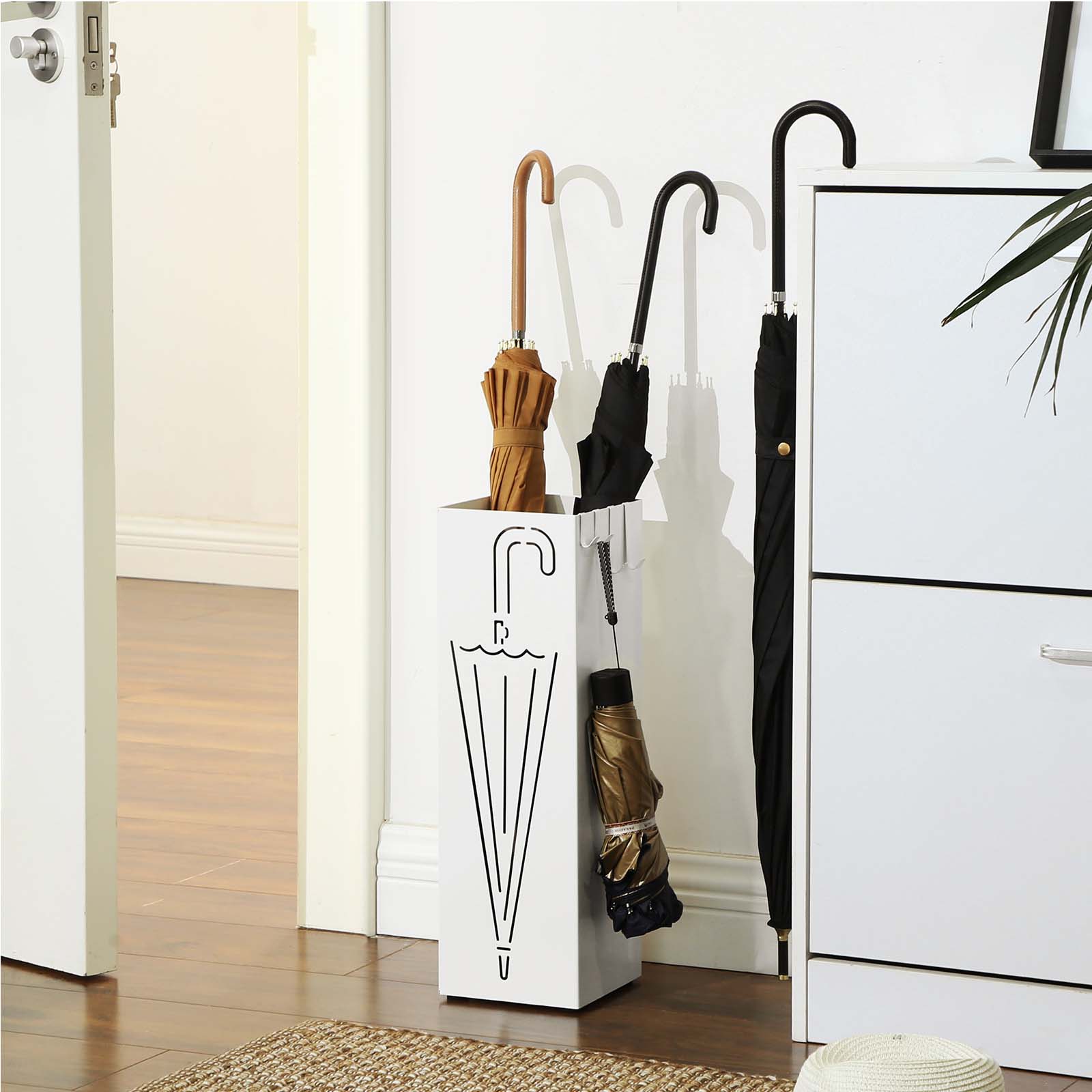 Umbrella Stand – Metal – White – Square with Hooks and Drip Tray