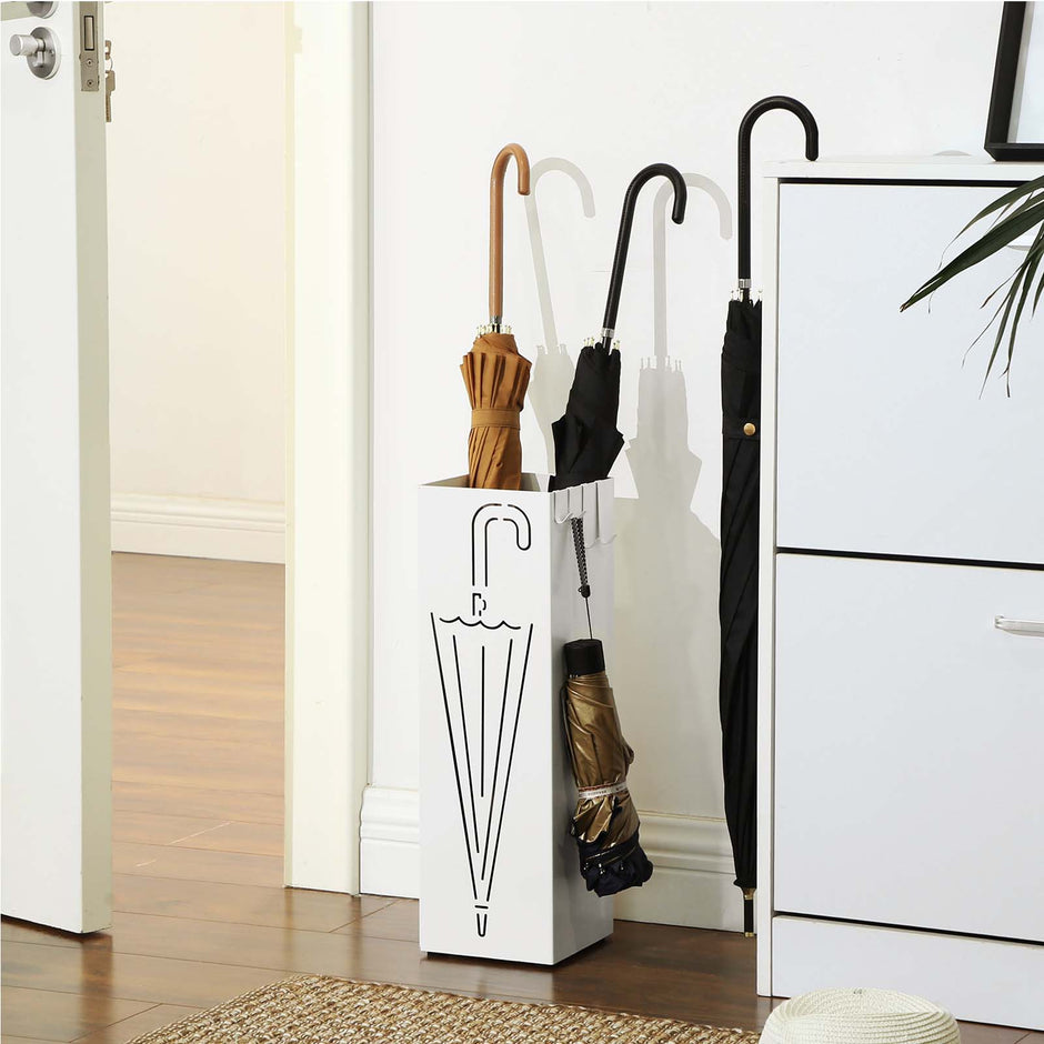 Umbrella Stand – Metal – White – Square with Hooks and Drip Tray