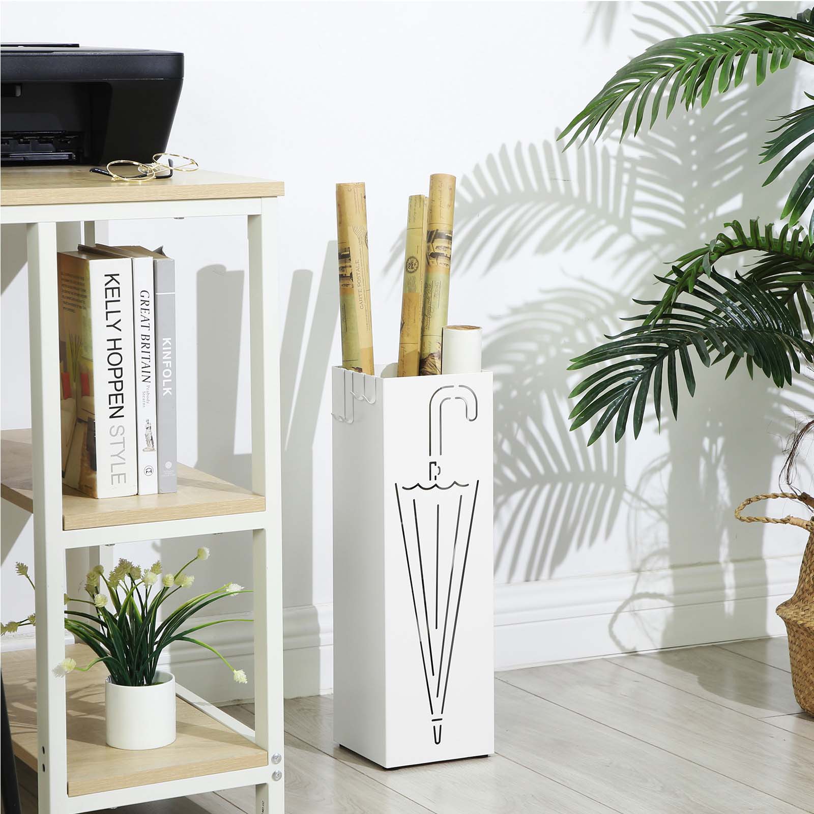 Umbrella Stand – Metal – White – Square with Hooks and Drip Tray