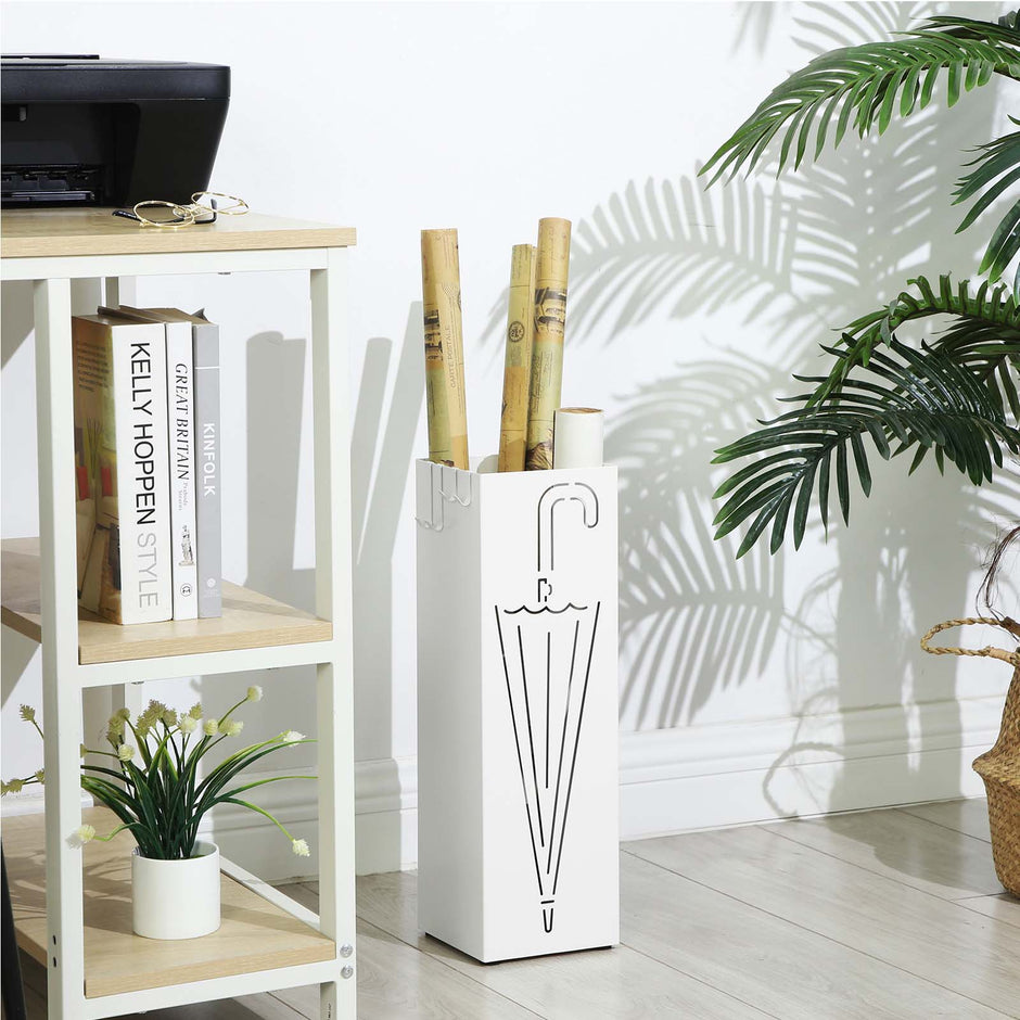 Umbrella Stand – Metal – White – Square with Hooks and Drip Tray