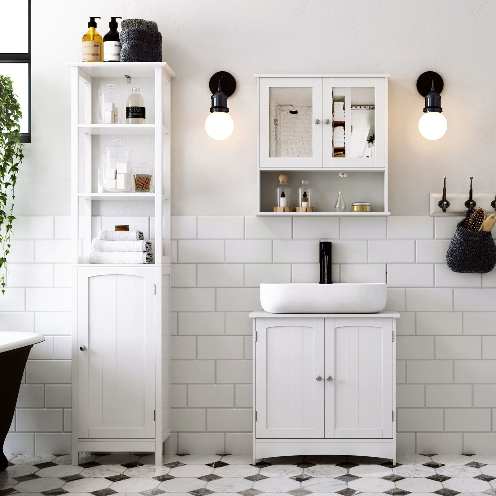 Under Sink Storage Cabinet – Wood – White – Adjustable Shelves, Moisture-Proof