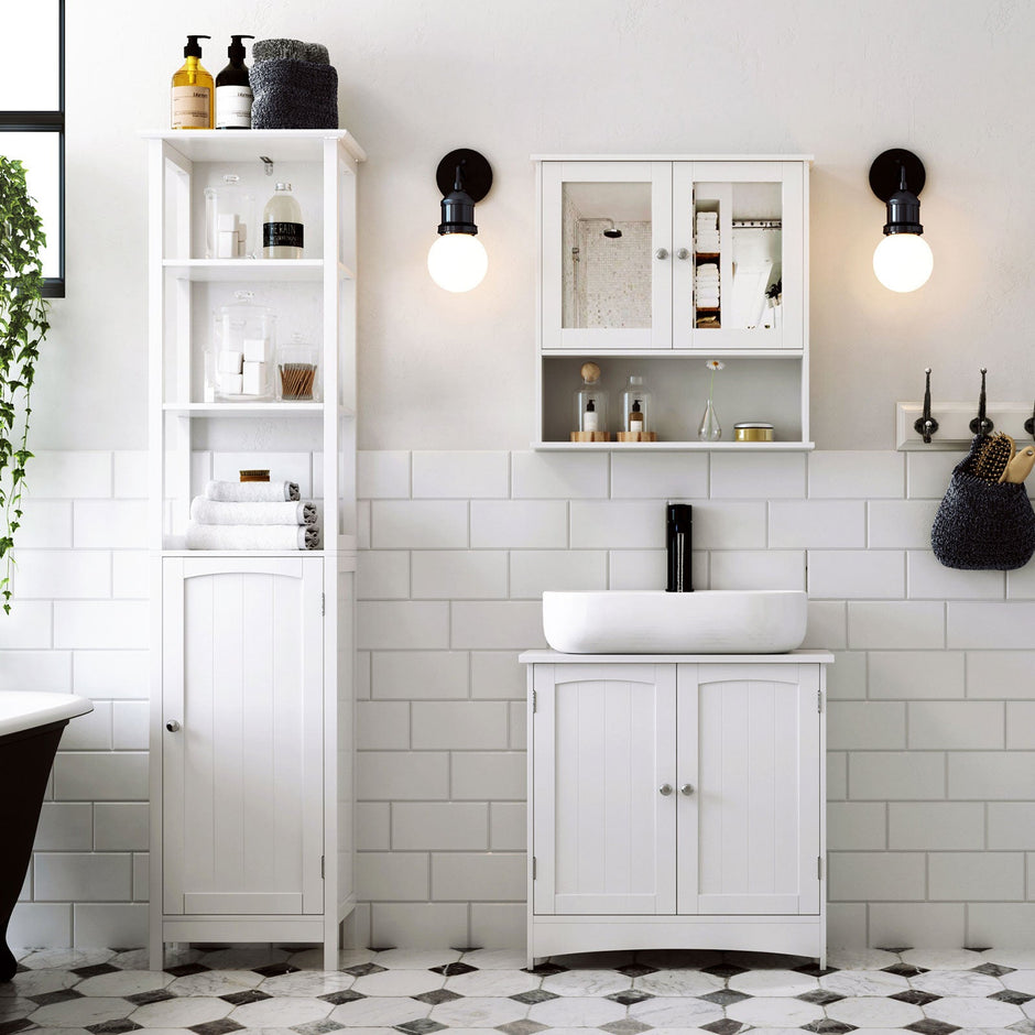 Under Sink Storage Cabinet – Wood – White – Adjustable Shelves, Moisture-Proof