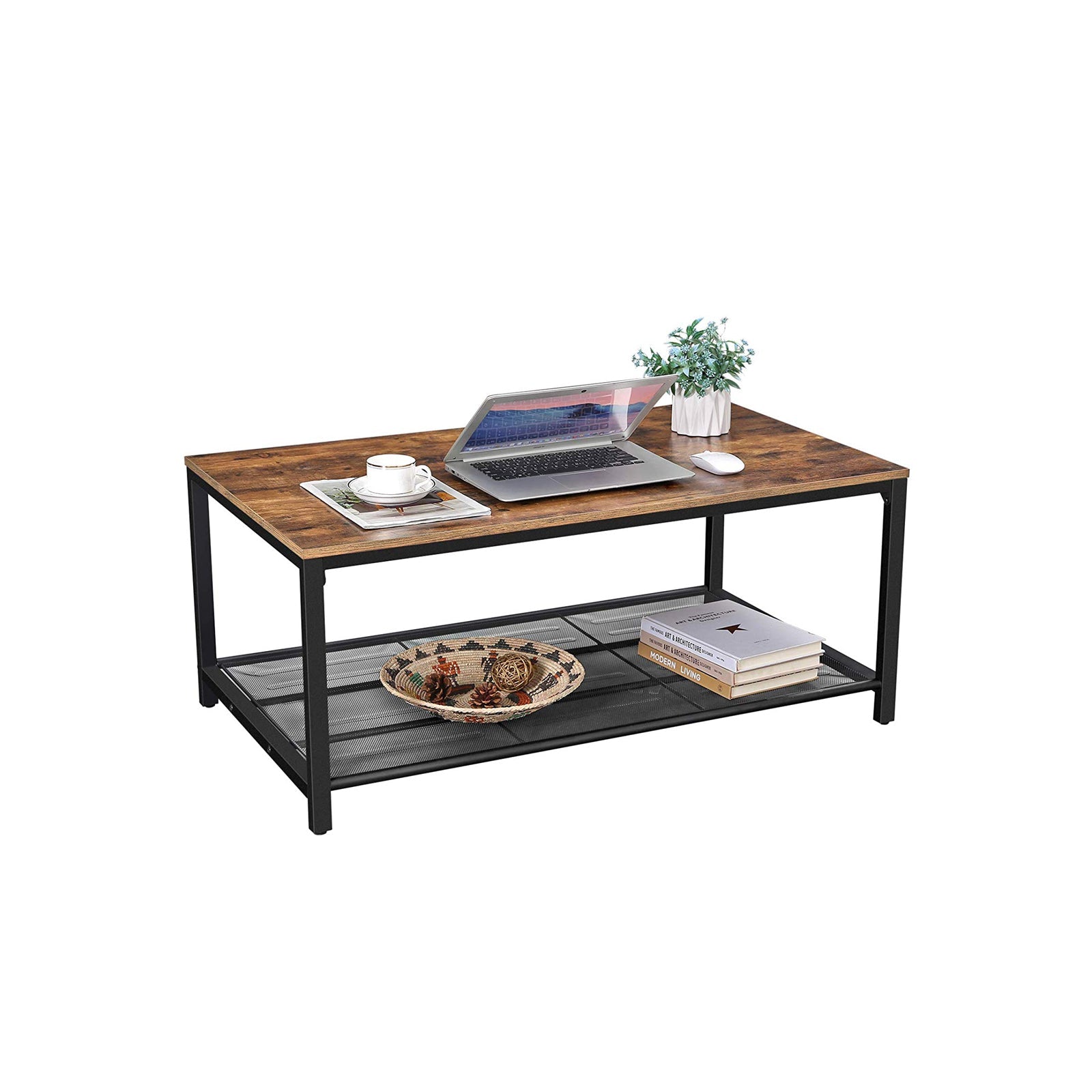Coffee Table – Wood – Rustic Brown – Large Storage with Dense Mesh Shelf