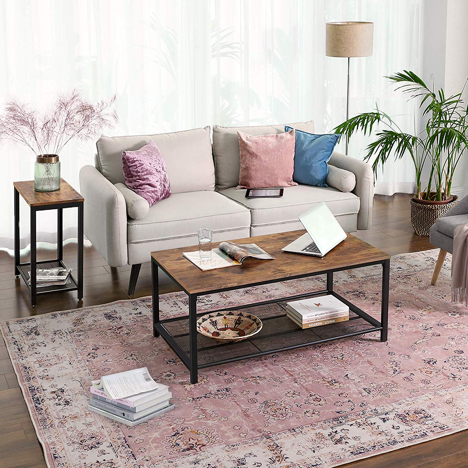 Coffee Table – Wood – Rustic Brown – Large Storage with Dense Mesh Shelf