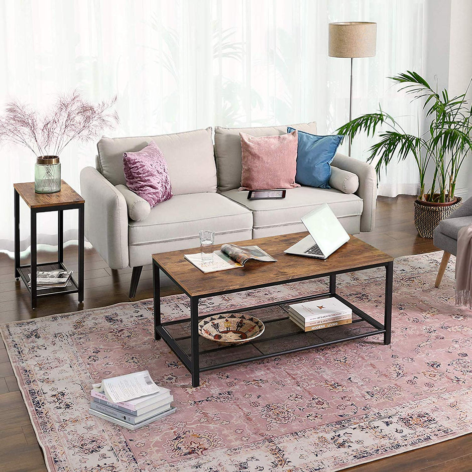 Coffee Table – Wood – Rustic Brown – Large Storage with Dense Mesh Shelf