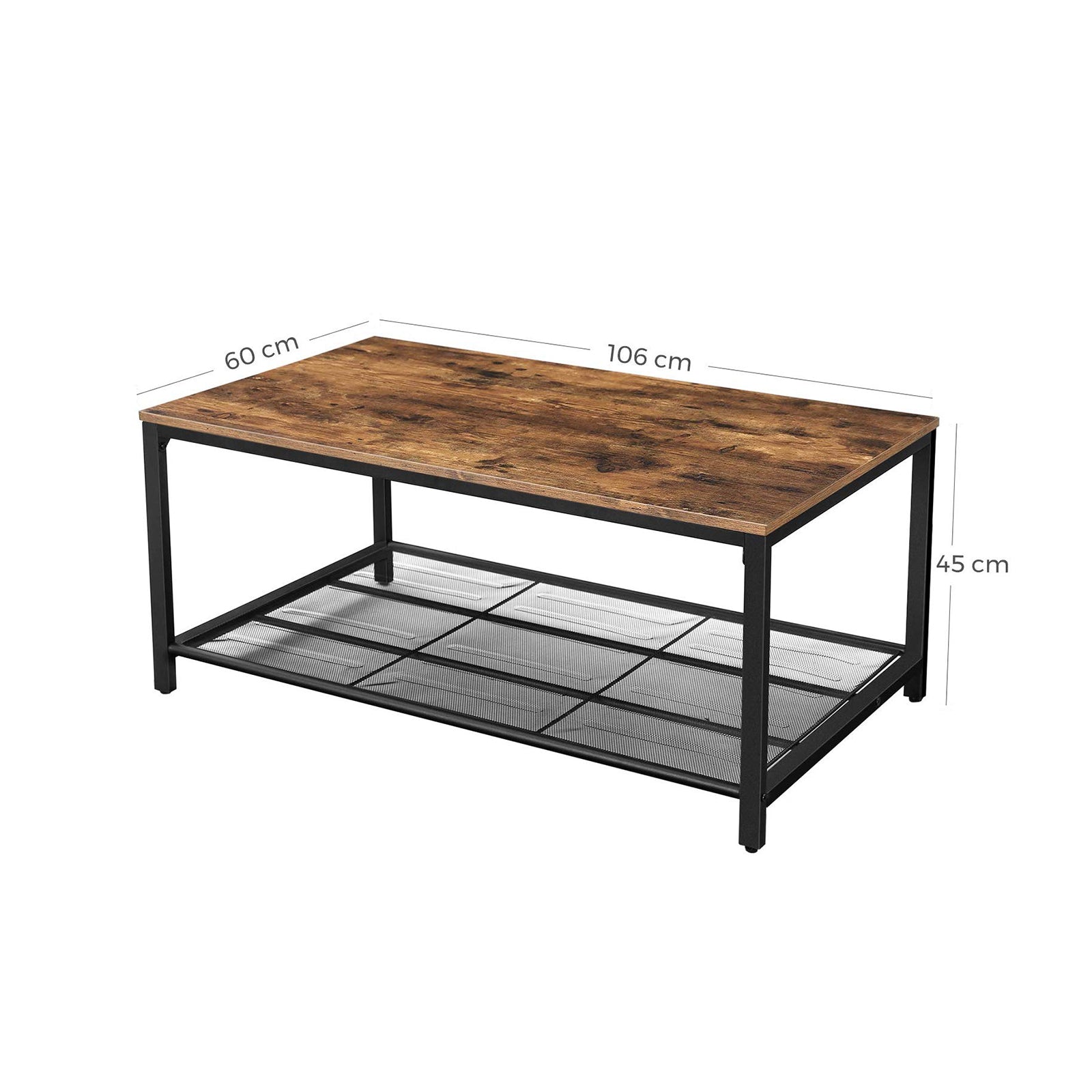 Coffee Table – Wood – Rustic Brown – Large Storage with Dense Mesh Shelf