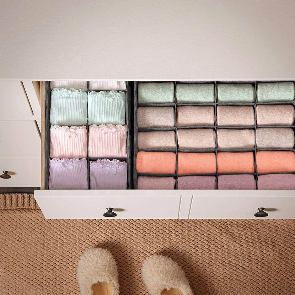 Underwear Drawer Organisers – Fabric – Grey – Foldable Set of 8 for Bras, Socks, Ties, and Scarves