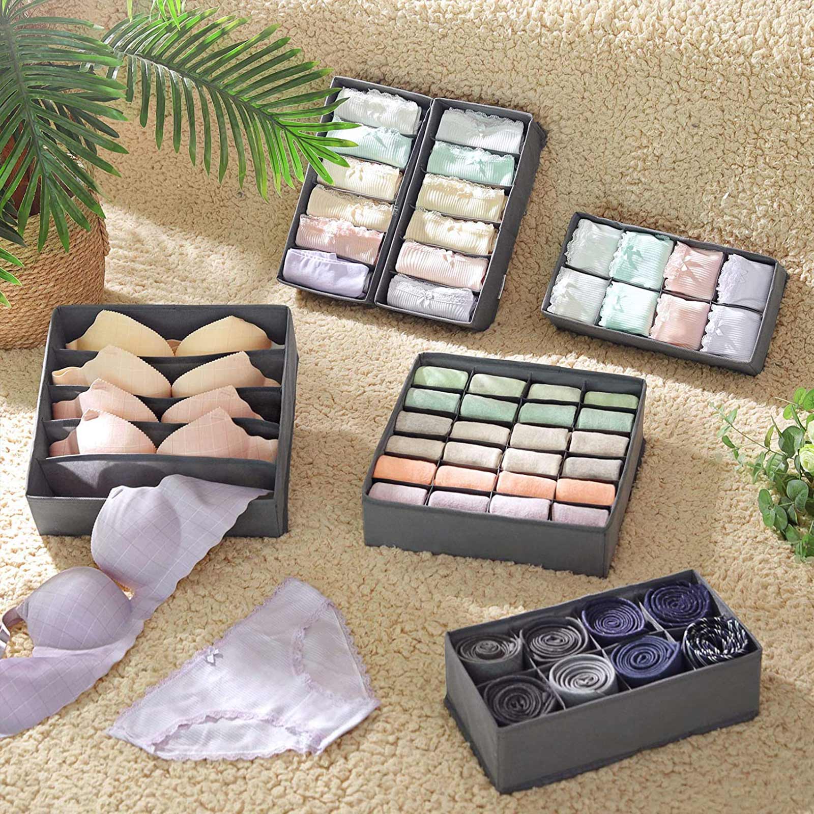 Underwear Drawer Organisers – Fabric – Grey – Foldable Set of 8 for Bras, Socks, Ties, and Scarves