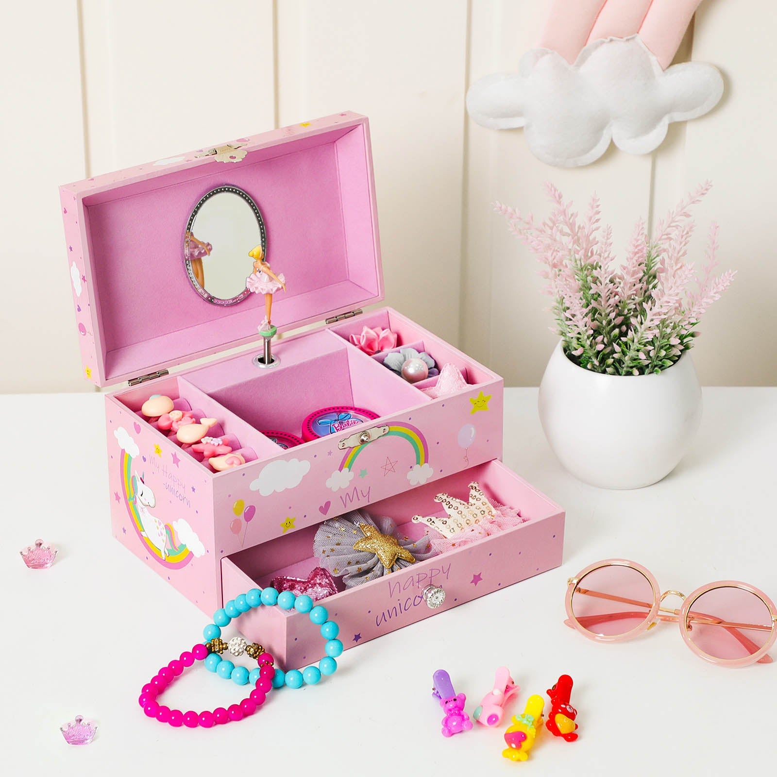 Musical Jewelry Box – Wood – Pink – Unicorn Melody with Pullout Drawer and Divided Compartments