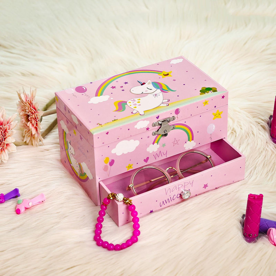 Musical Jewelry Box – Wood – Pink – Unicorn Melody with Pullout Drawer and Divided Compartments