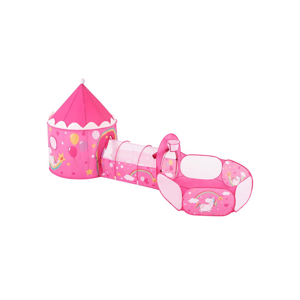 Kids Play Tent – Fabric – Pink – 3-in-1 Unicorn Princess Theme with Tunnel and Ball Pit