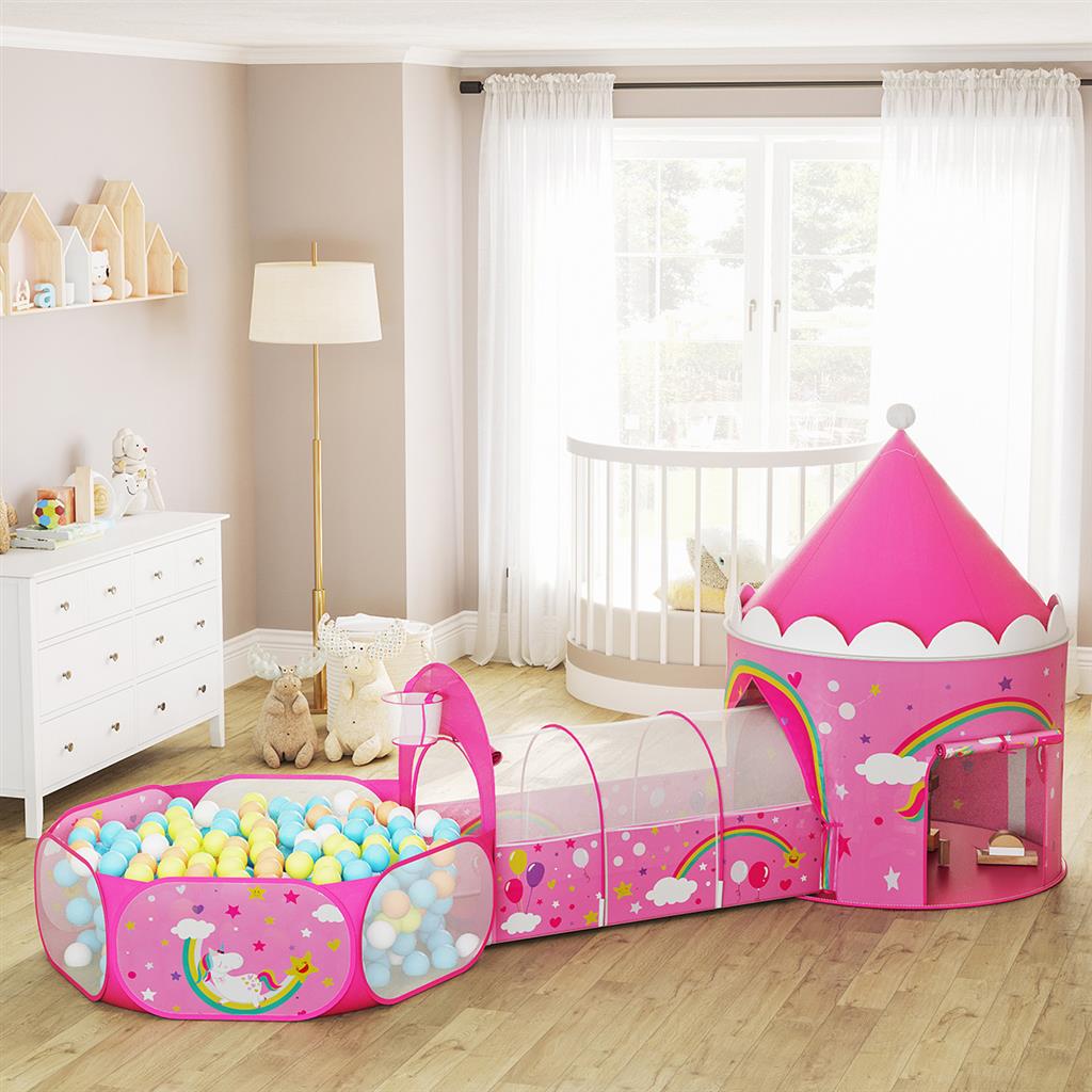 Kids Play Tent – Fabric – Pink – 3-in-1 Unicorn Princess Theme with Tunnel and Ball Pit