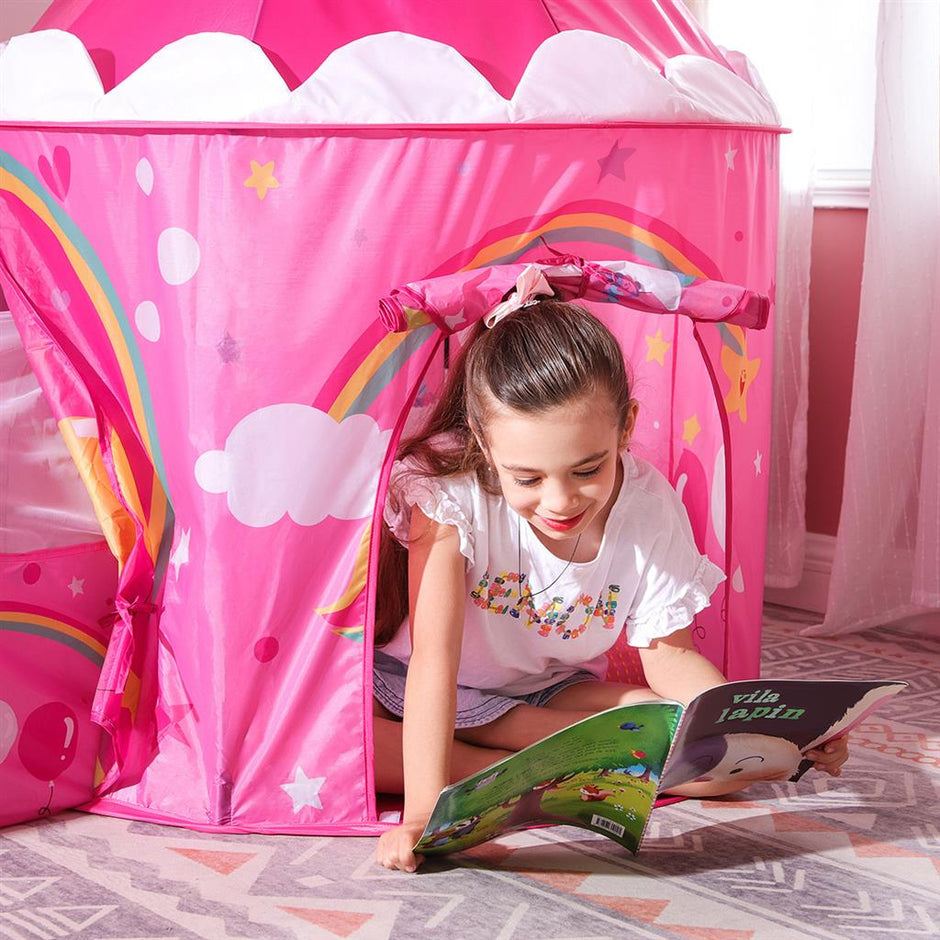 Kids Play Tent – Fabric – Pink – 3-in-1 Unicorn Princess Theme with Tunnel and Ball Pit