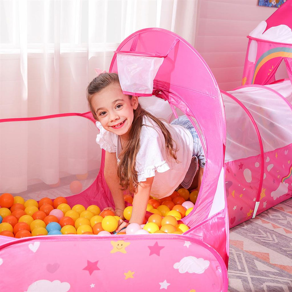 Kids Play Tent – Fabric – Pink – 3-in-1 Unicorn Princess Theme with Tunnel and Ball Pit