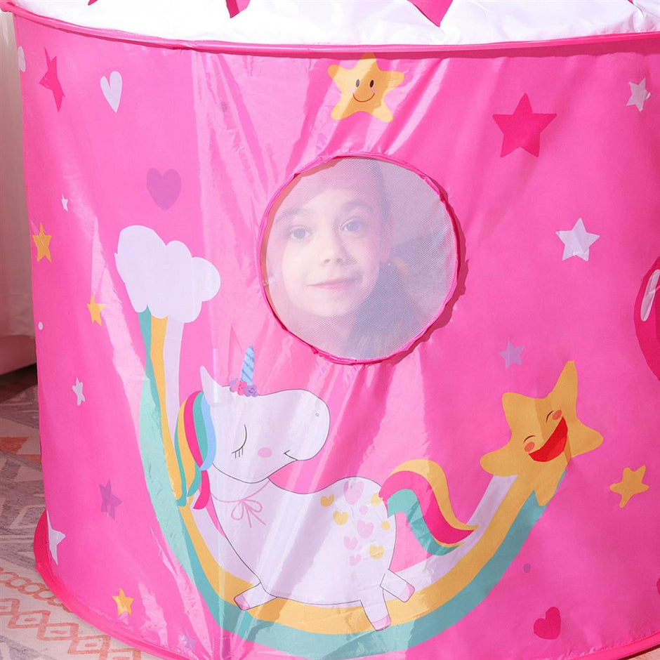 Kids Play Tent – Fabric – Pink – 3-in-1 Unicorn Princess Theme with Tunnel and Ball Pit