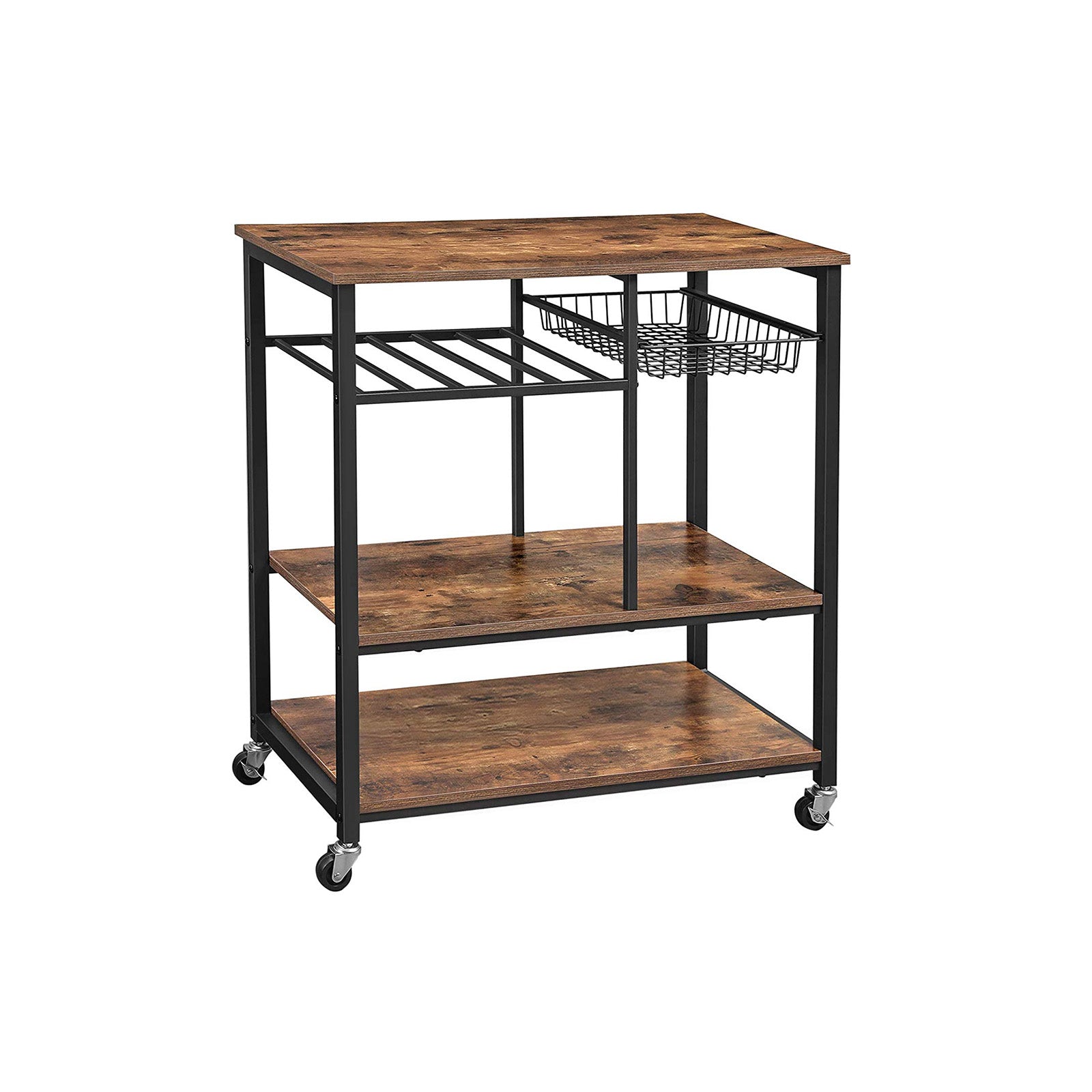 Utility Kitchen Cart – Metal and Wood – Rustic Brown – Mobile with Storage Shelves and Bottle Holder