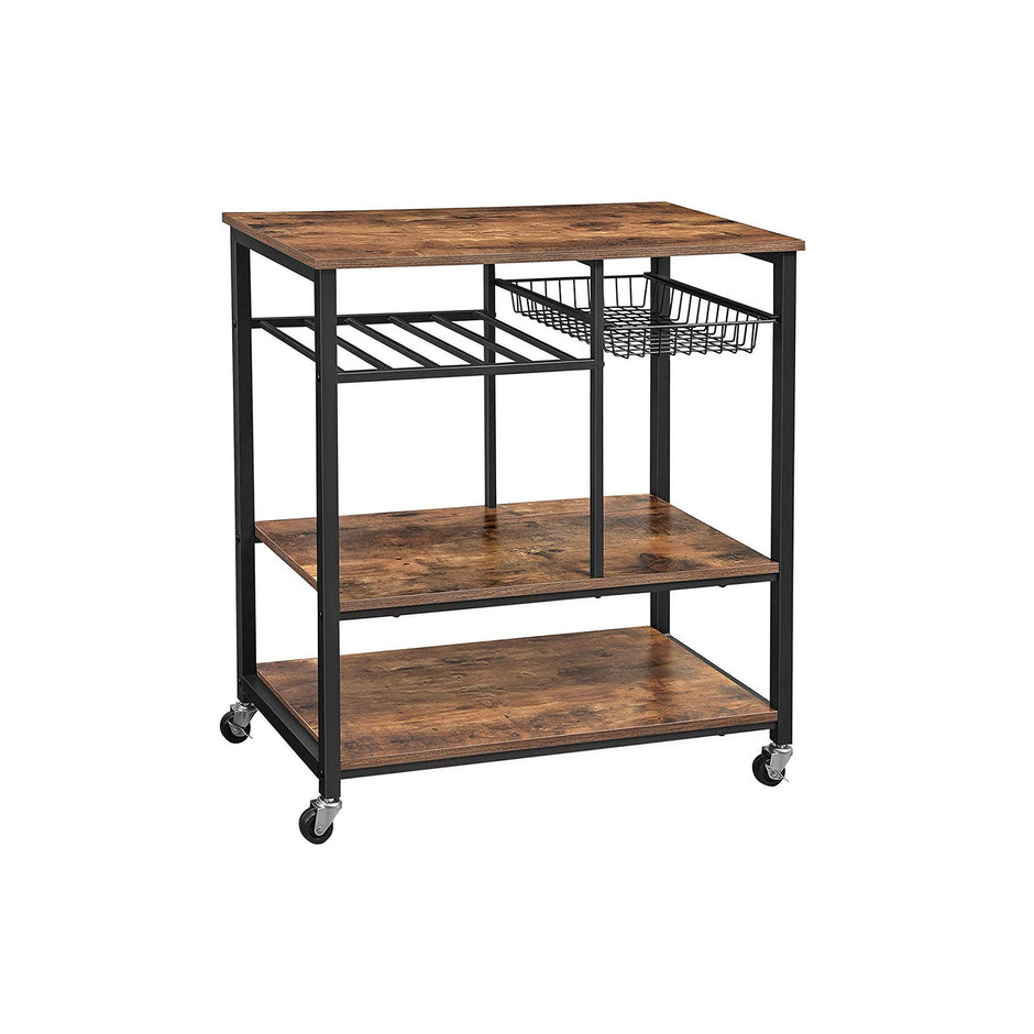 Utility Kitchen Cart – Metal and Wood – Rustic Brown – Mobile with Storage Shelves and Bottle Holder