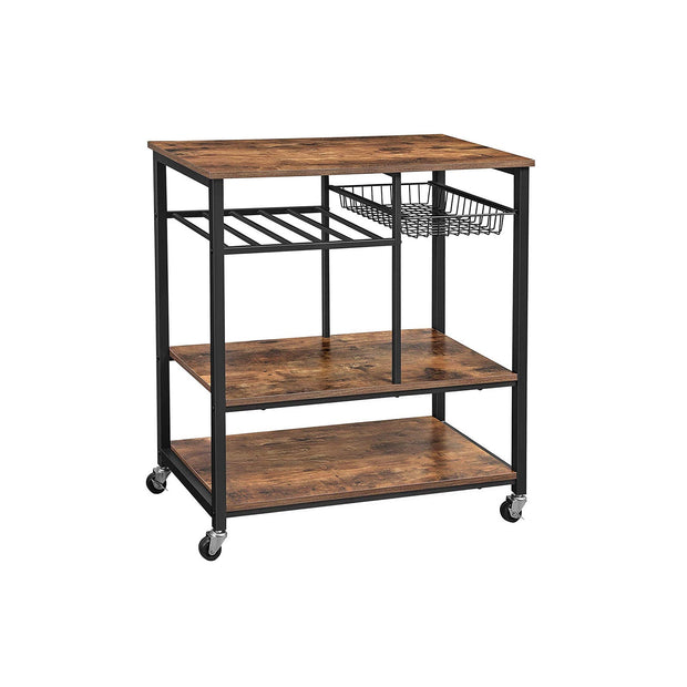 Utility Kitchen Cart – Metal and Wood – Rustic Brown – Mobile with Storage Shelves and Bottle Holder