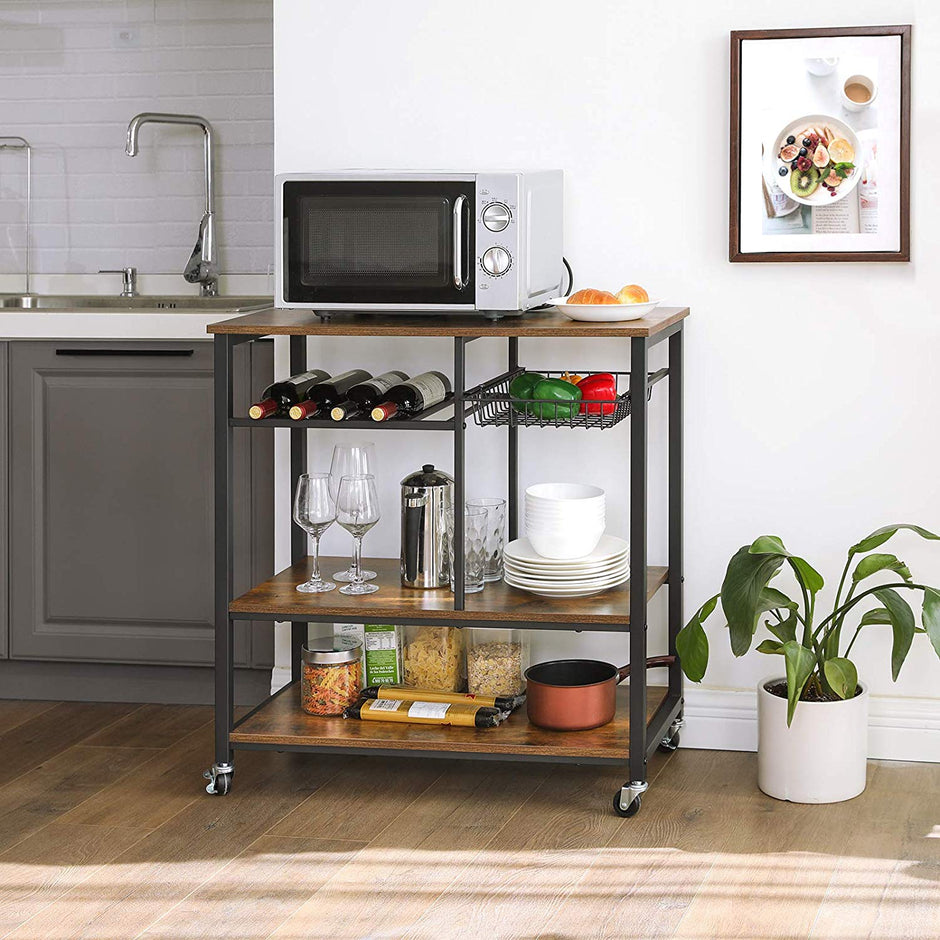 Utility Kitchen Cart – Metal and Wood – Rustic Brown – Mobile with Storage Shelves and Bottle Holder