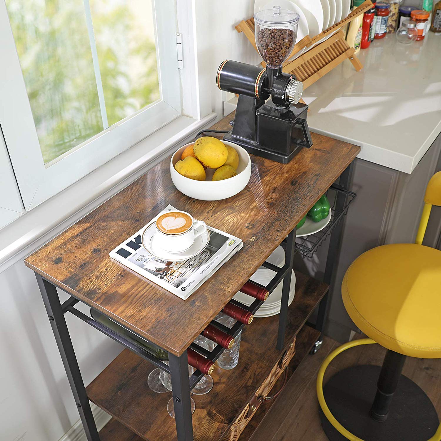 Utility Kitchen Cart – Metal and Wood – Rustic Brown – Mobile with Storage Shelves and Bottle Holder