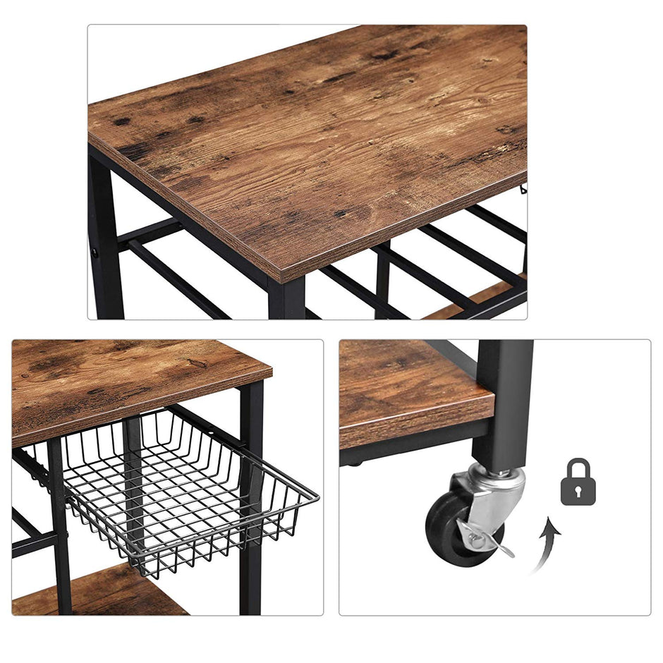 Utility Kitchen Cart – Metal and Wood – Rustic Brown – Mobile with Storage Shelves and Bottle Holder