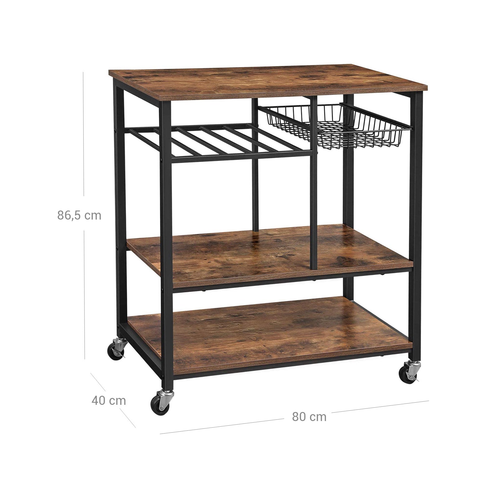 Utility Kitchen Cart – Metal and Wood – Rustic Brown – Mobile with Storage Shelves and Bottle Holder