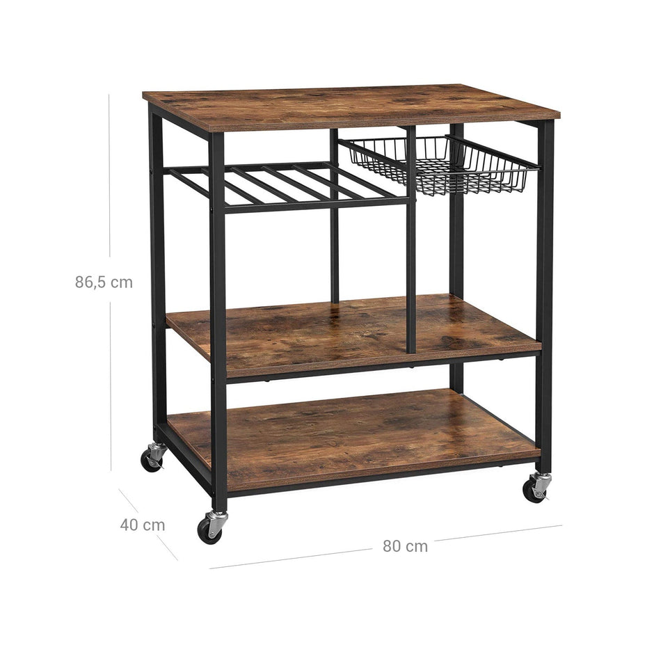 Utility Kitchen Cart – Metal and Wood – Rustic Brown – Mobile with Storage Shelves and Bottle Holder