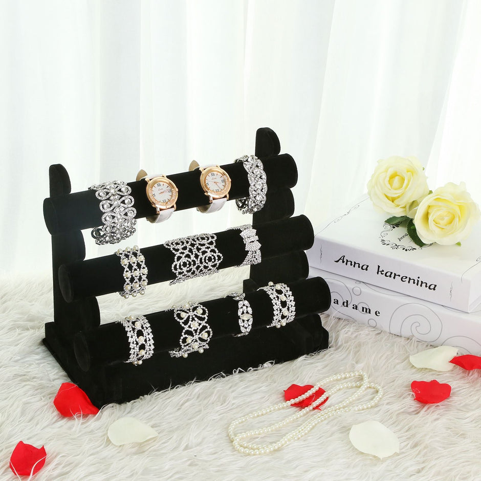 Jewellery Display Stand – Velvet – Black – 3-Bar Tangle-Free Organizer