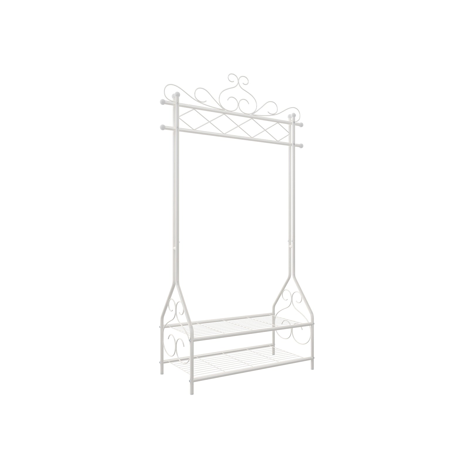 Vintage Coat Rack – Metal and Wood – Cream – Includes Garment Rail and 2 Shelves