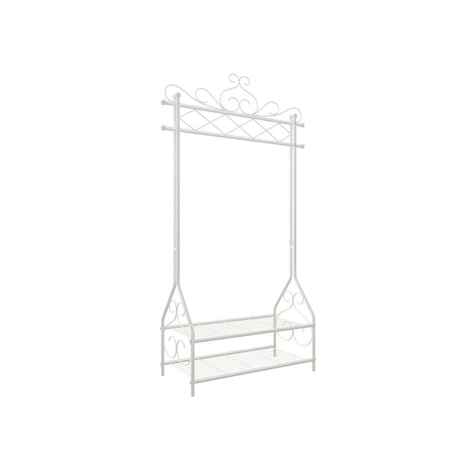 Vintage Coat Rack – Metal and Wood – Cream – Includes Garment Rail and 2 Shelves