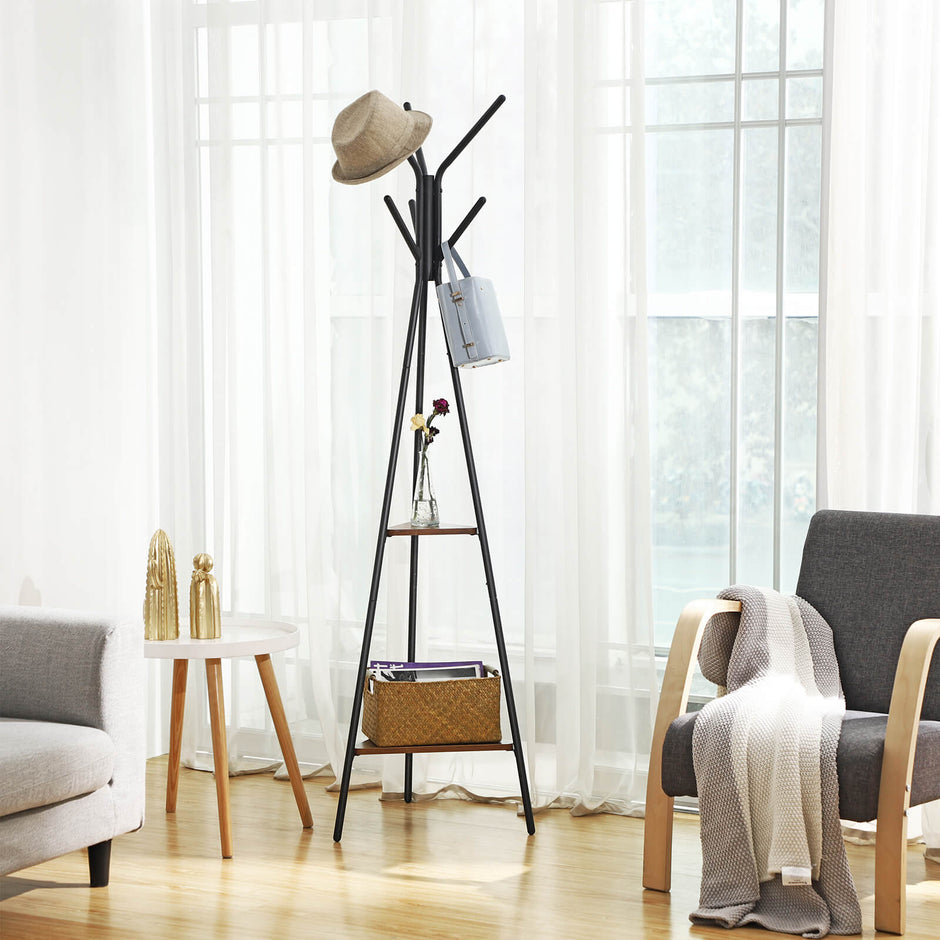 Coat Rack Stand – Metal – Black – Vintage Industrial Style with 2 Shelves