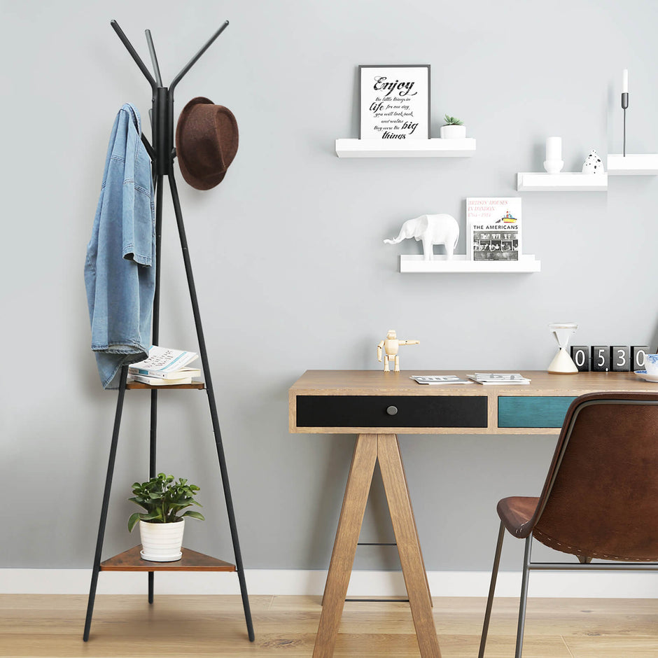 Coat Rack Stand – Metal – Black – Vintage Industrial Style with 2 Shelves