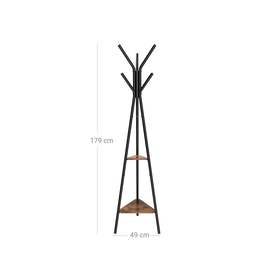 Coat Rack Stand – Metal – Black – Vintage Industrial Style with 2 Shelves