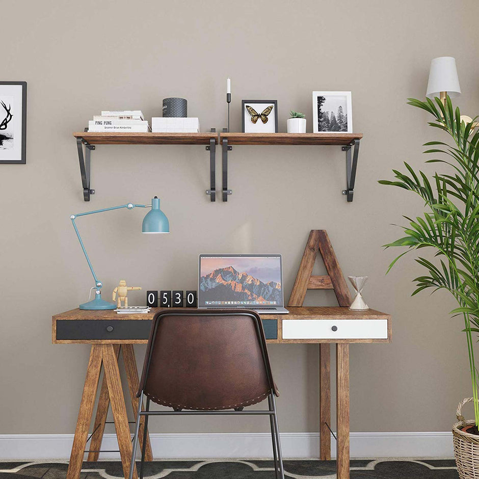 Vintage Floating Shelves – Wood and Metal – Rustic Brown – Set of 2 Wall Mounted Display Ledges